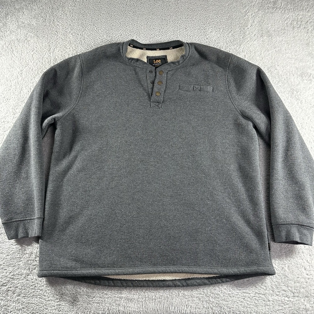 Lee Henley Shirt Mens XXL Gray Waffle Knit Sherpa Lined Button Heavyweight‎ Warm